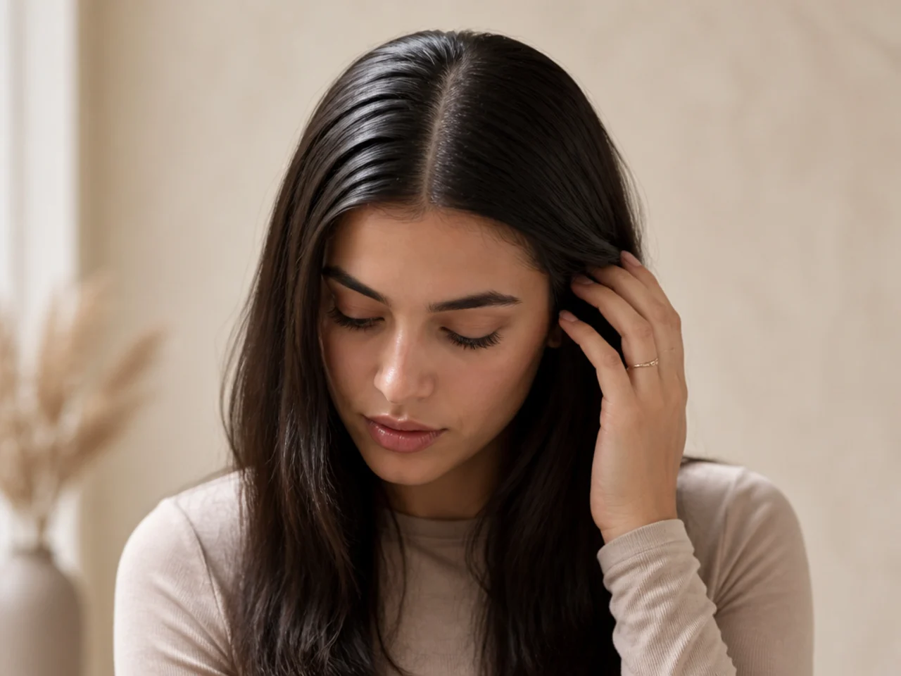 A flat straight parting showing root shine