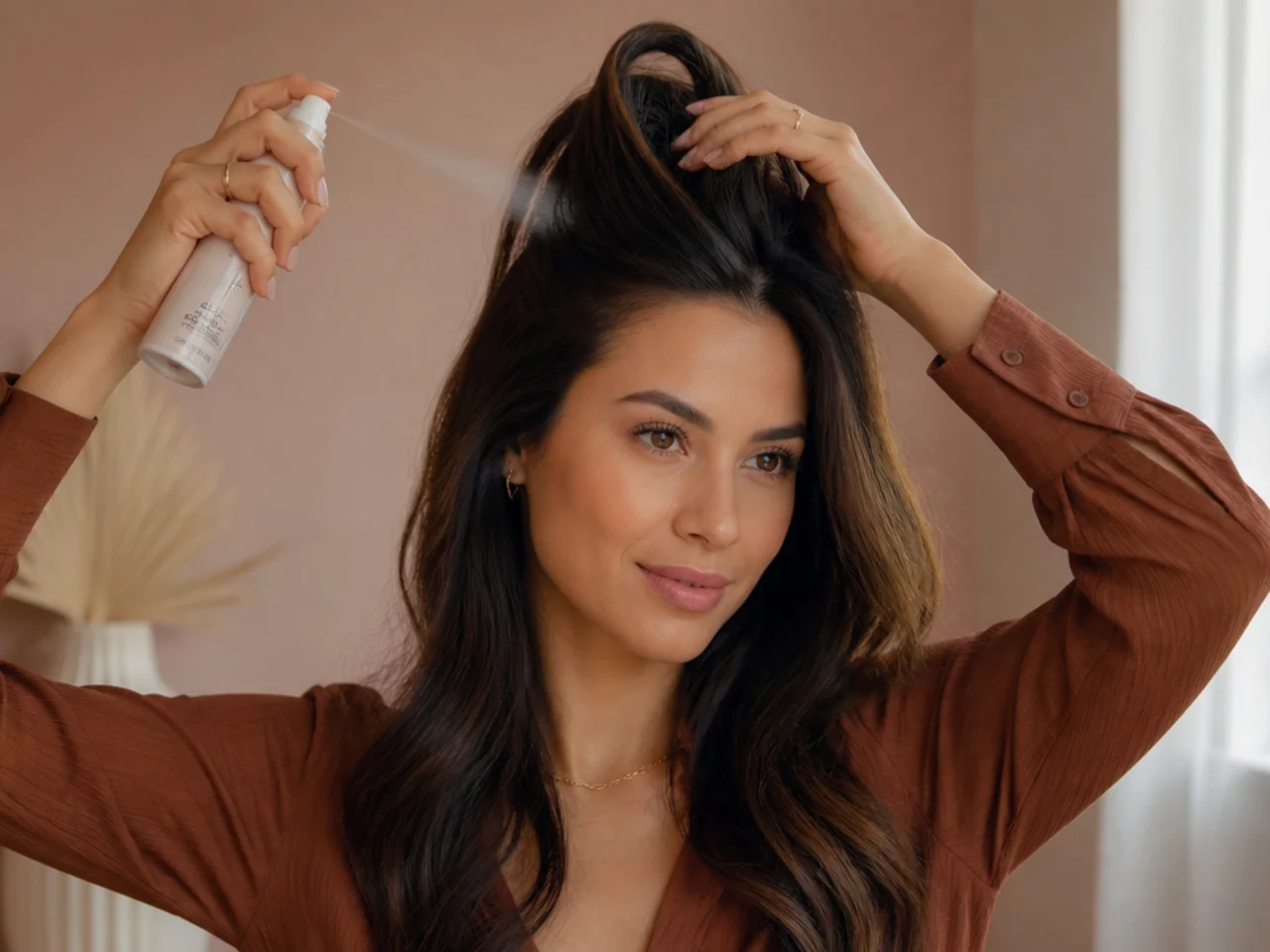 Dry shampoo applied at a distance into lifted root sections