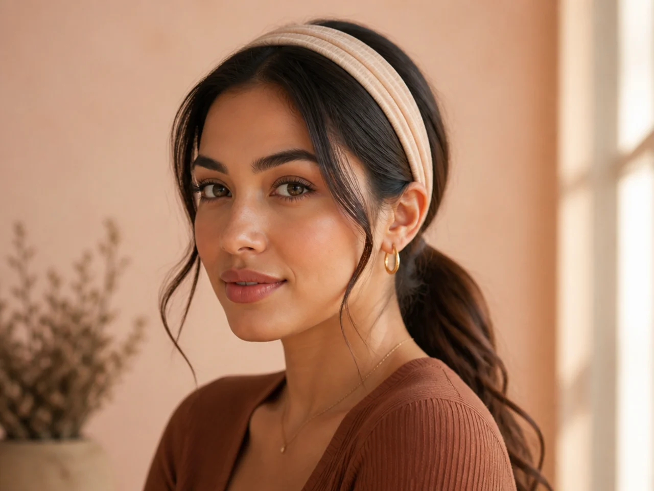 A low ponytail worn with a headband