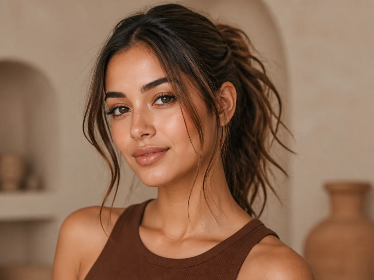 A messy ponytail with pieces pulled loose