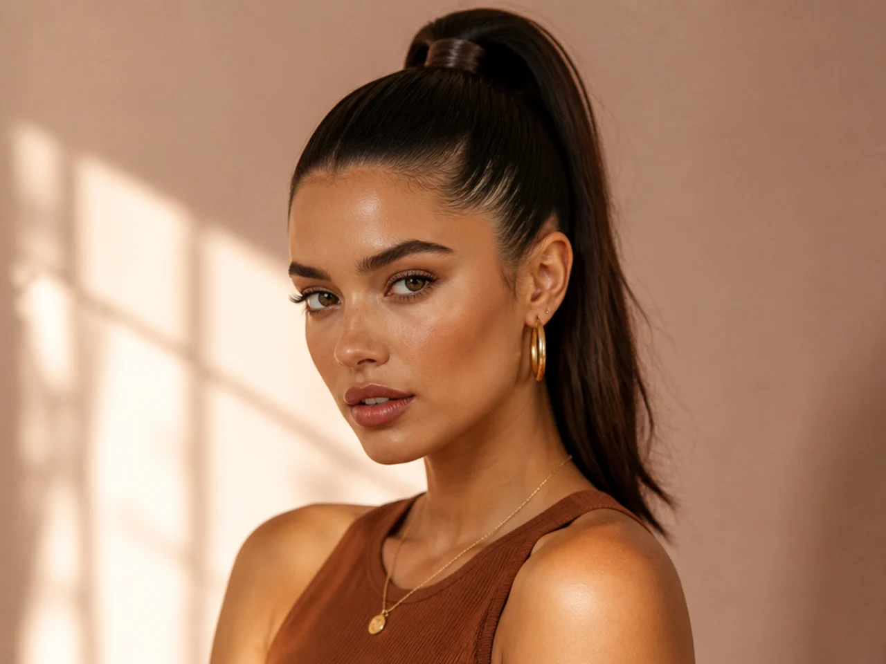 A deliberately slicked high ponytail