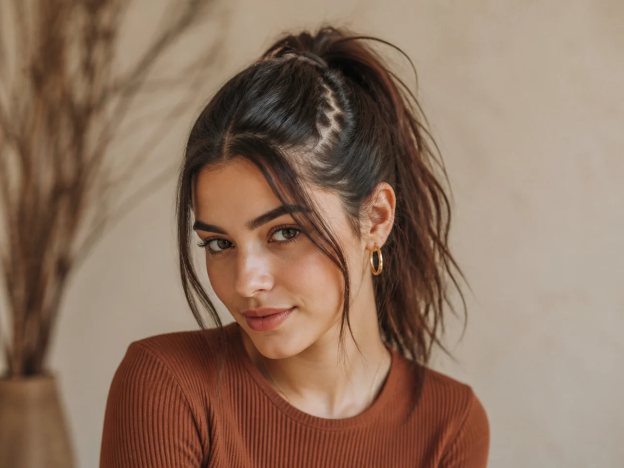 A ponytail above a zigzag parting