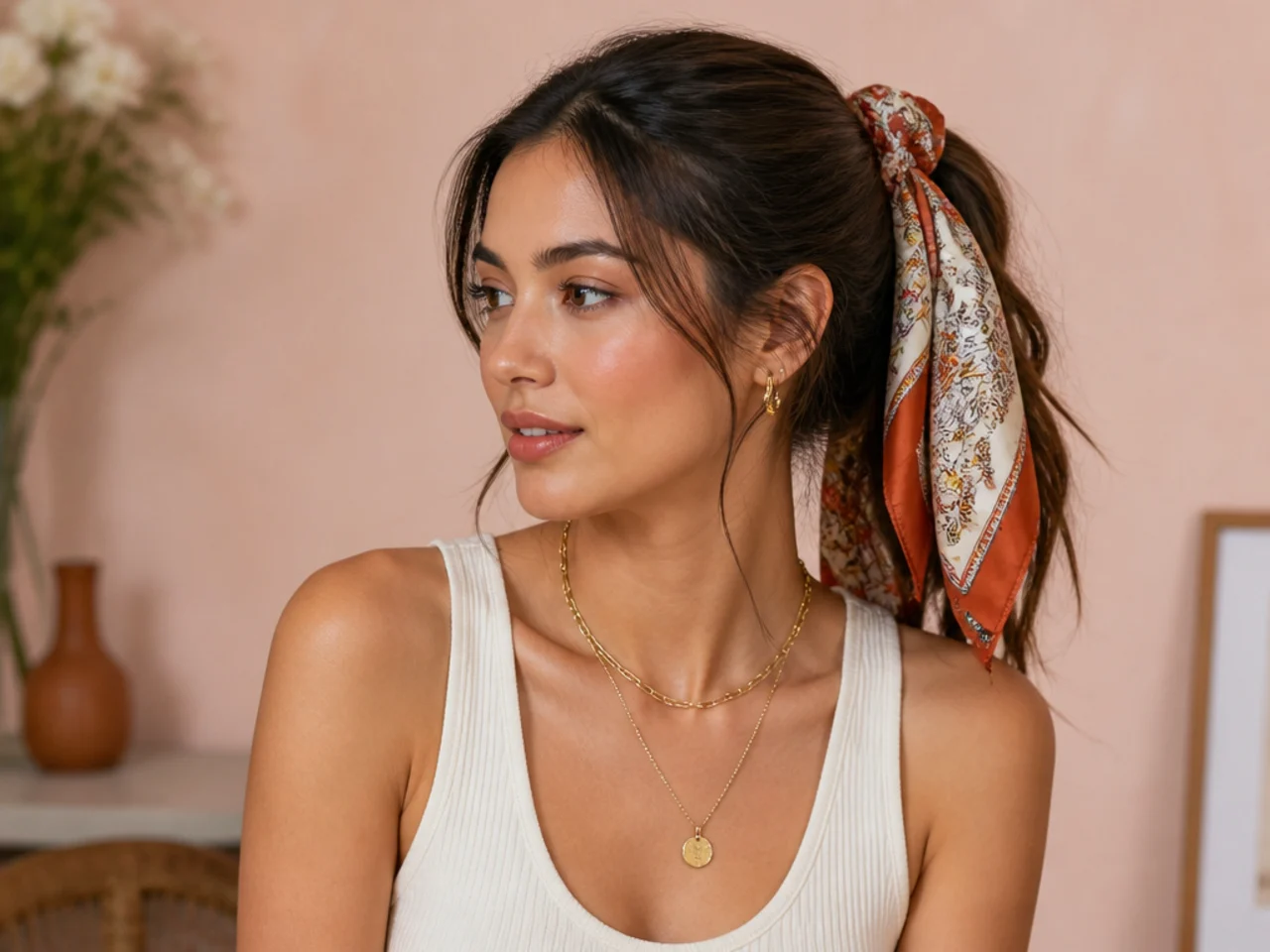 A ponytail tied with a scarf