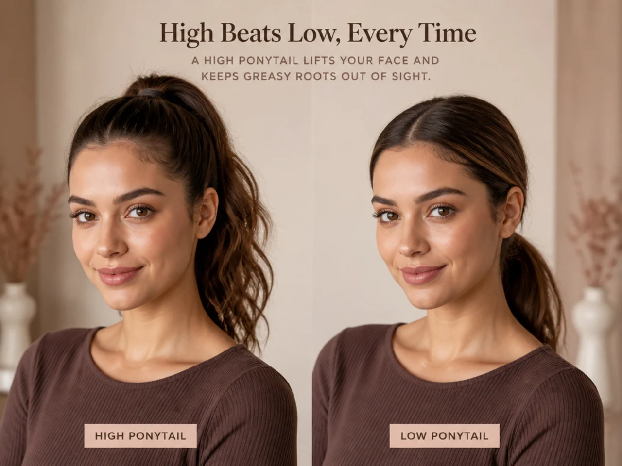 A high ponytail compared with a low one on the same hair