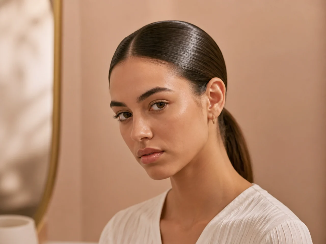 A plain low ponytail showing a flat shiny crown