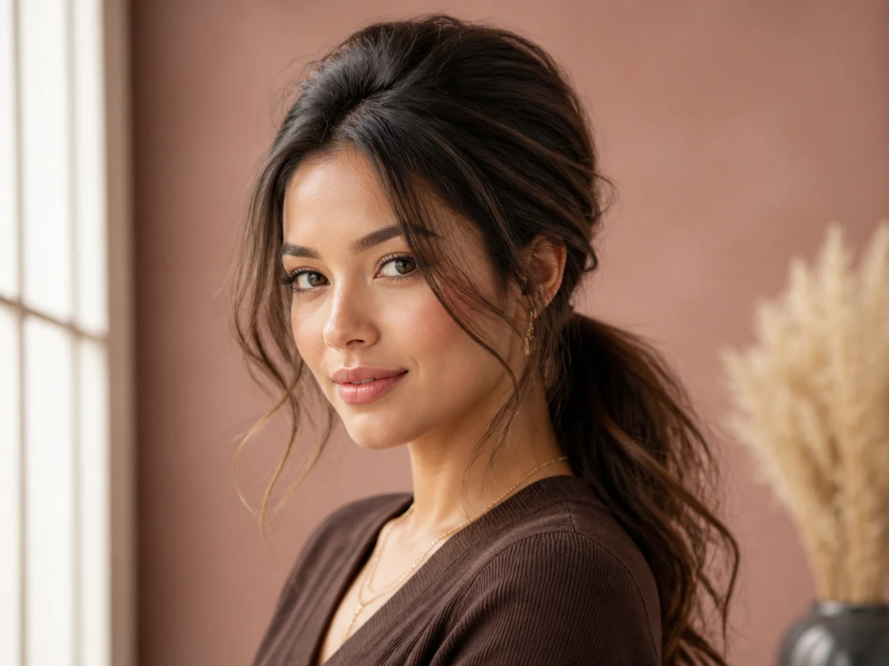 A ponytail with backcombed crown, wrapped base and loosened roots
