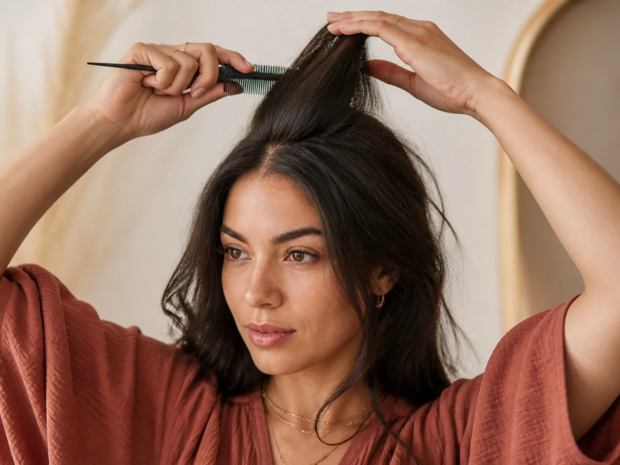 Light backcombing at the crown of unwashed hair