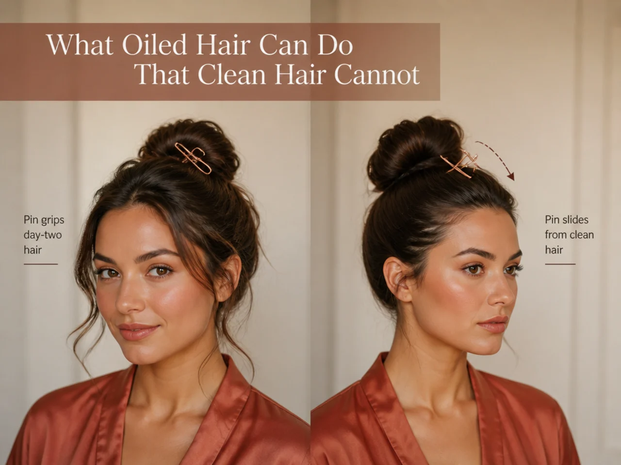 A pin gripping day-two hair compared with one sliding from clean hair