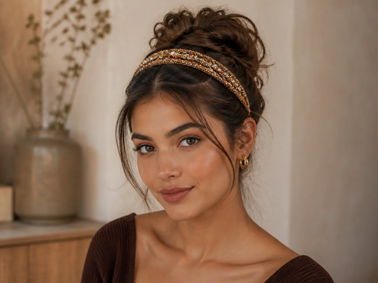 An updo worn with a decorative headband