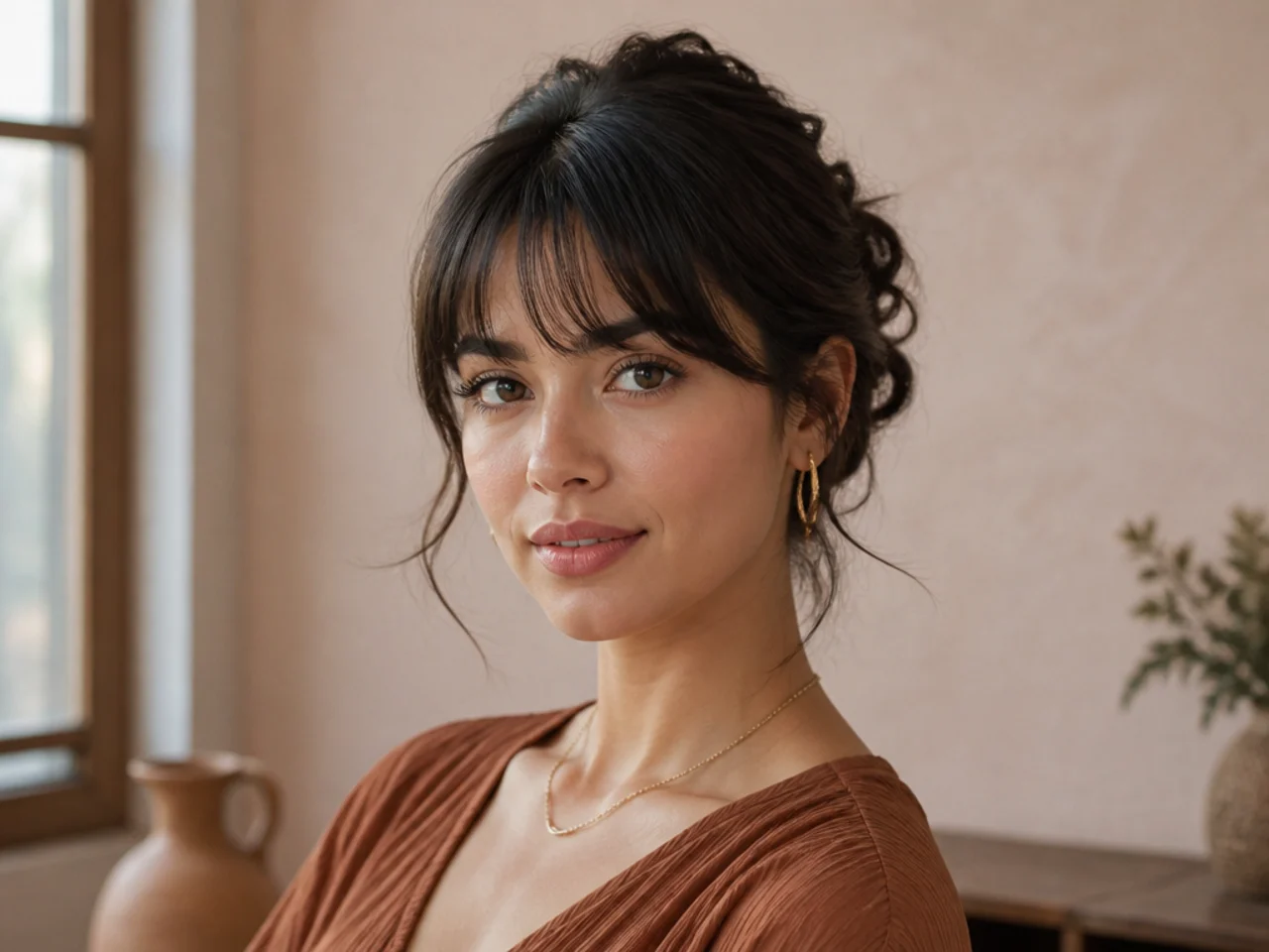 A washed fringe worn with a pinned updo