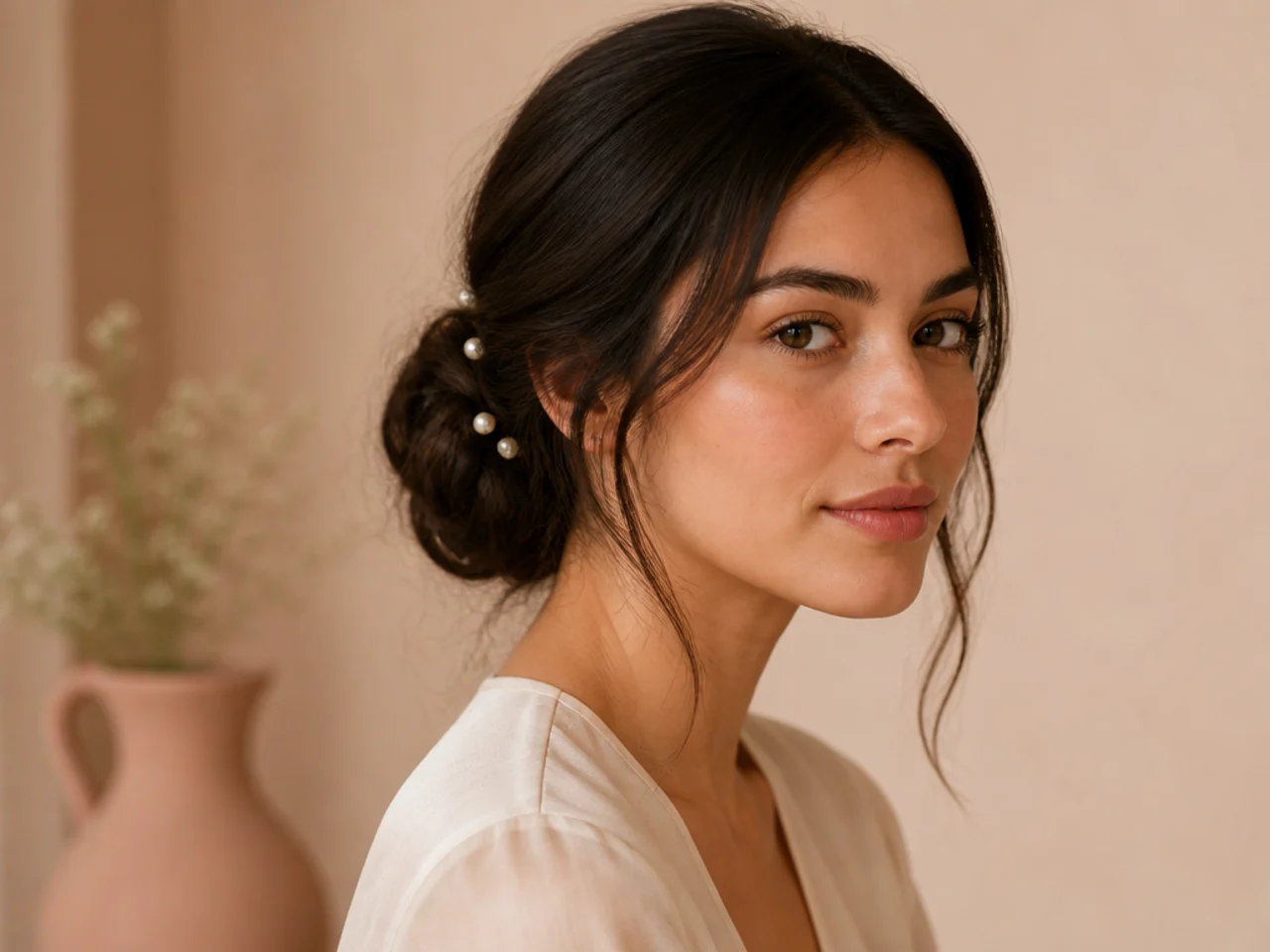 A low chignon decorated with pearl pins