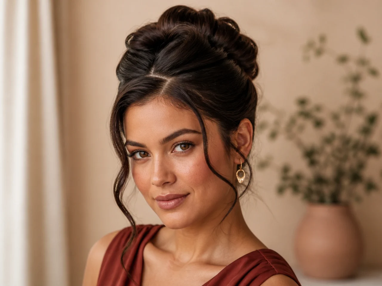 A rolled updo above a zigzag parting