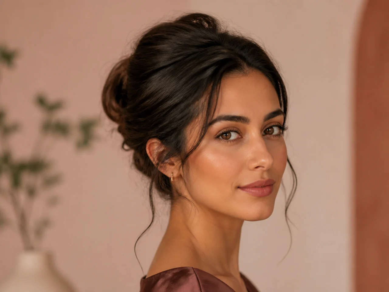 Three-quarter view of a finished formal updo