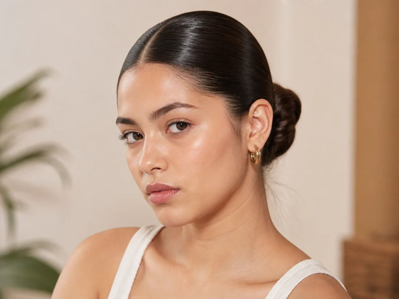 A flat smooth updo showing sheen under flash