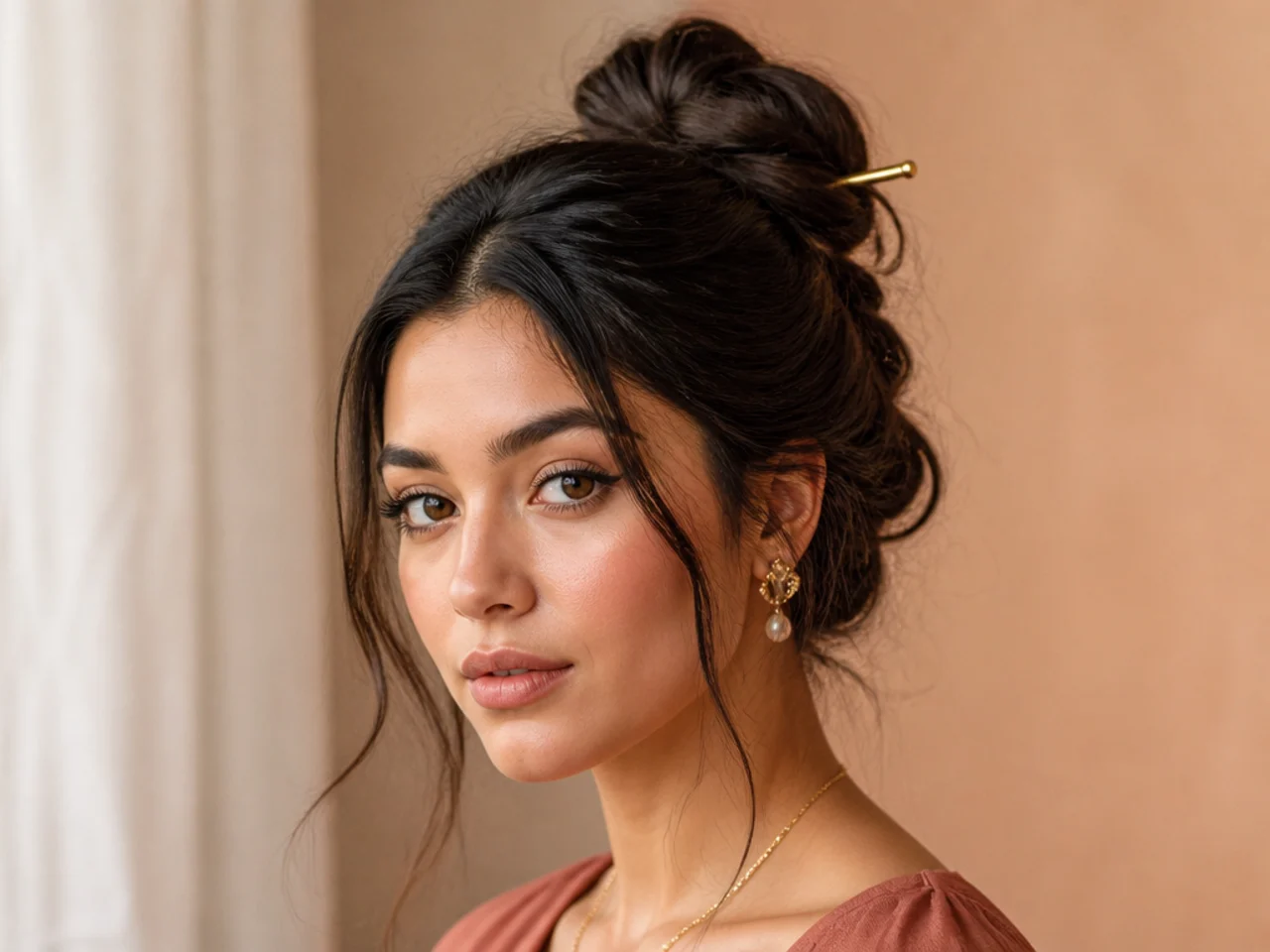A pin gripping day-two hair in a structured updo