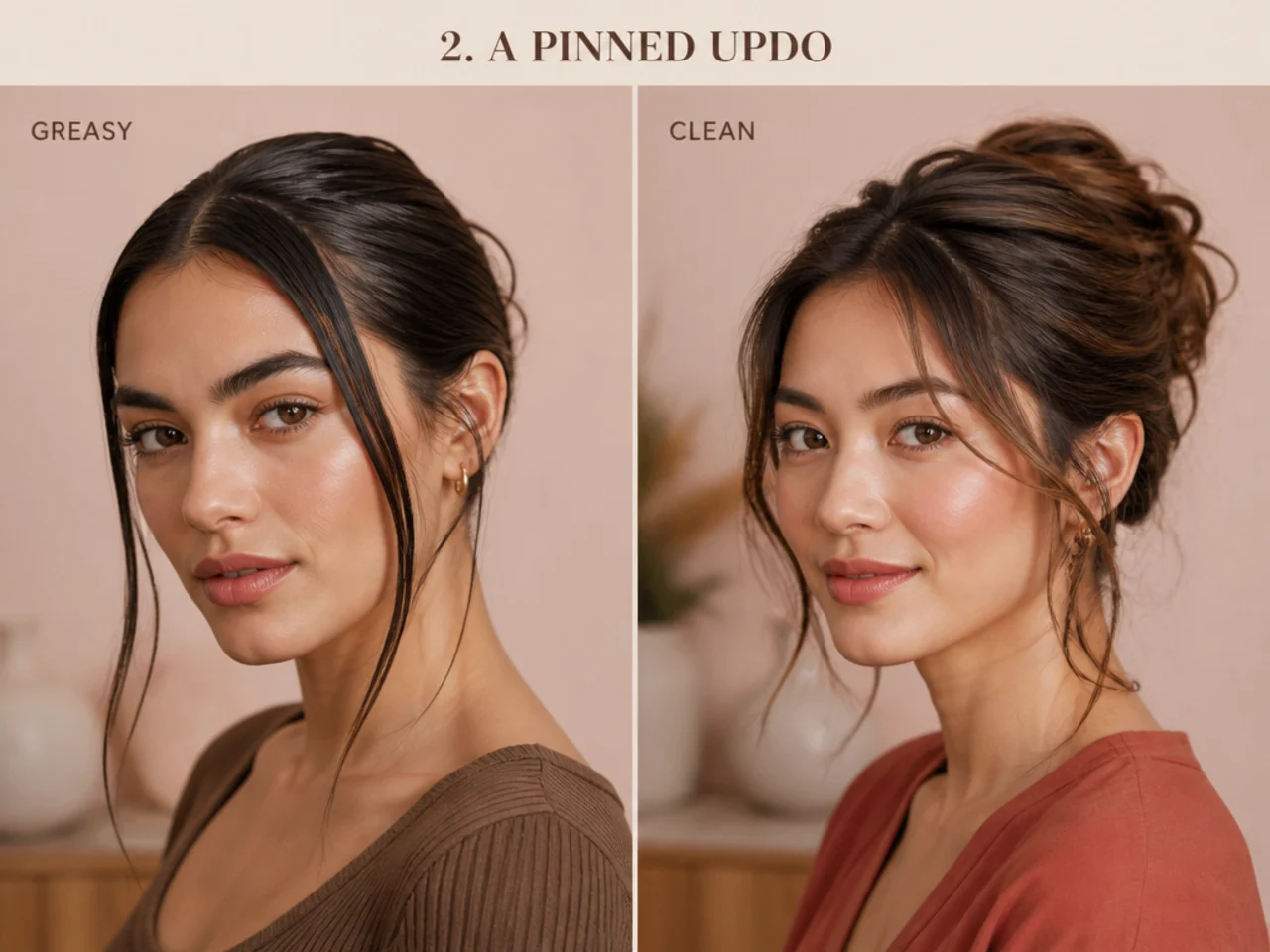 A pinned updo compared on both