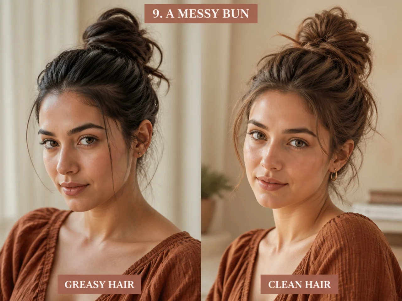 A messy bun compared on both