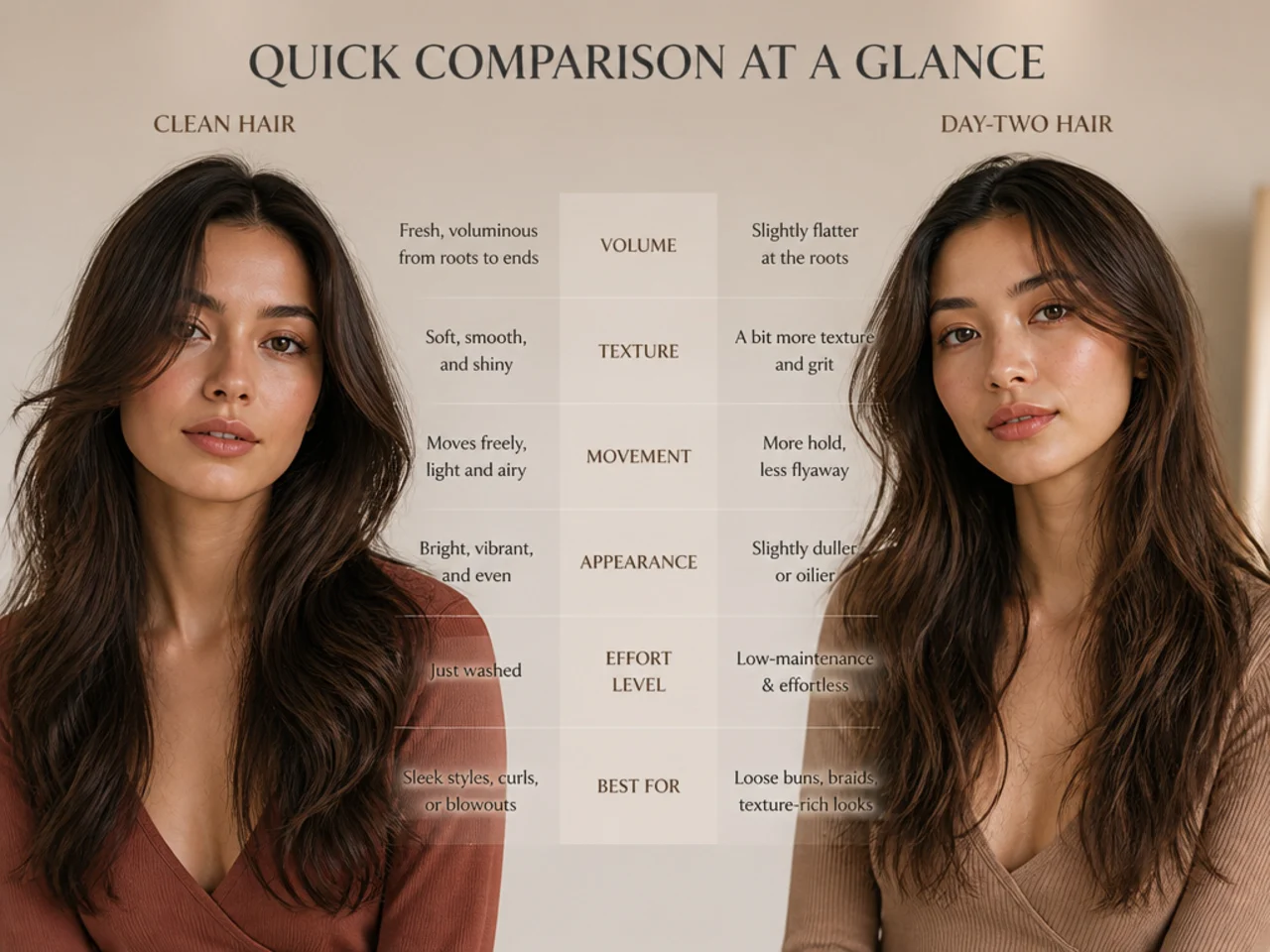 A comparison chart of clean and day-two hair