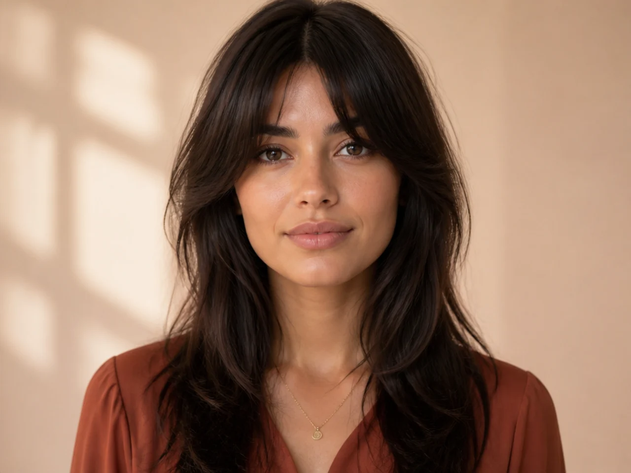 A grown-out fringe blended into face-framing layers