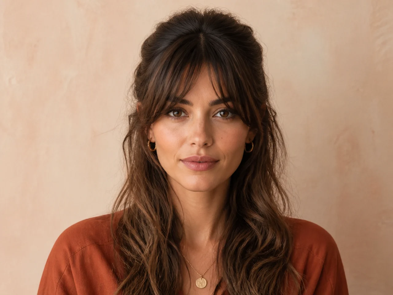 A half-up style with the fringe gathered in