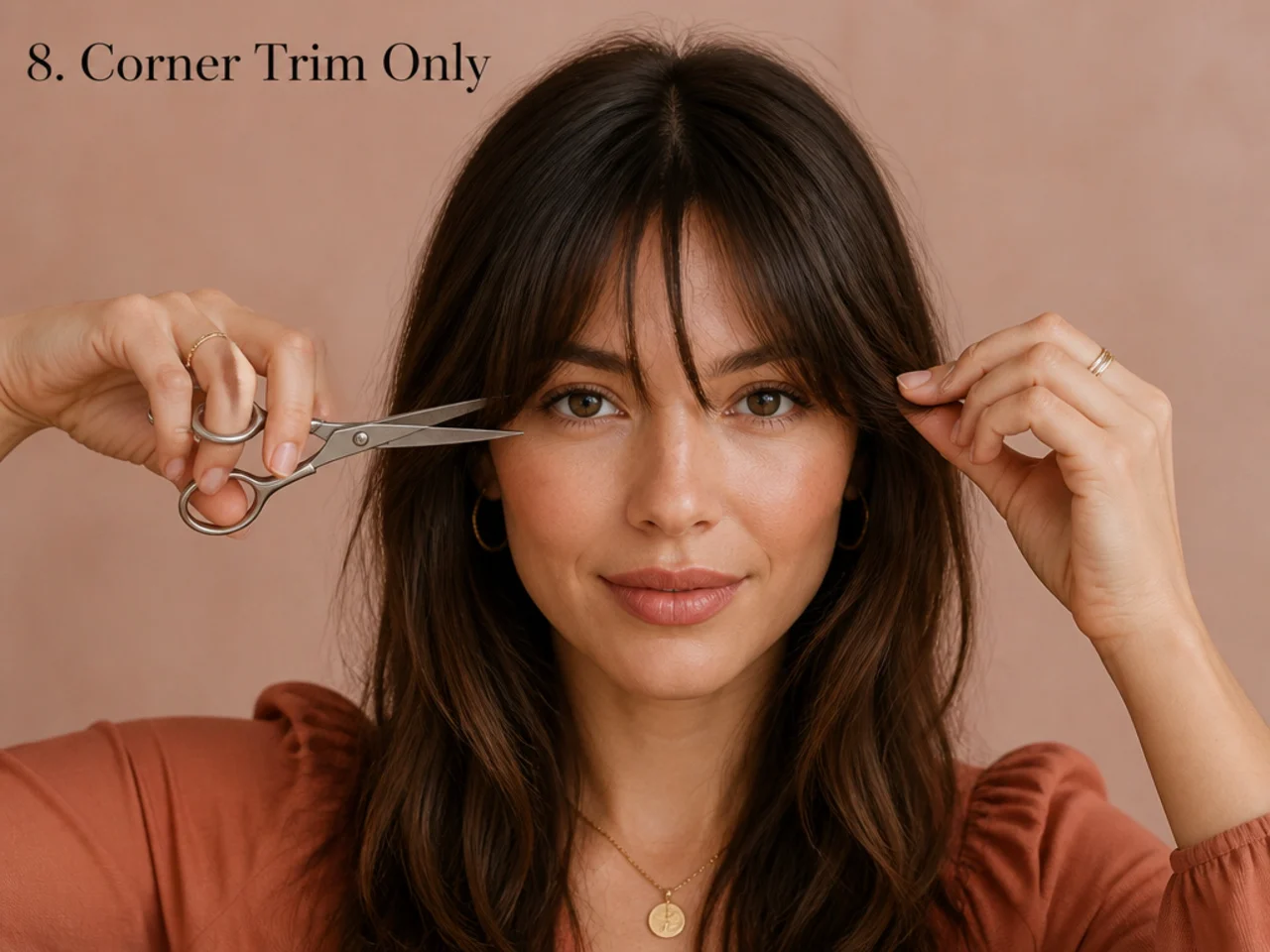 Only the outer corners of a fringe being trimmed