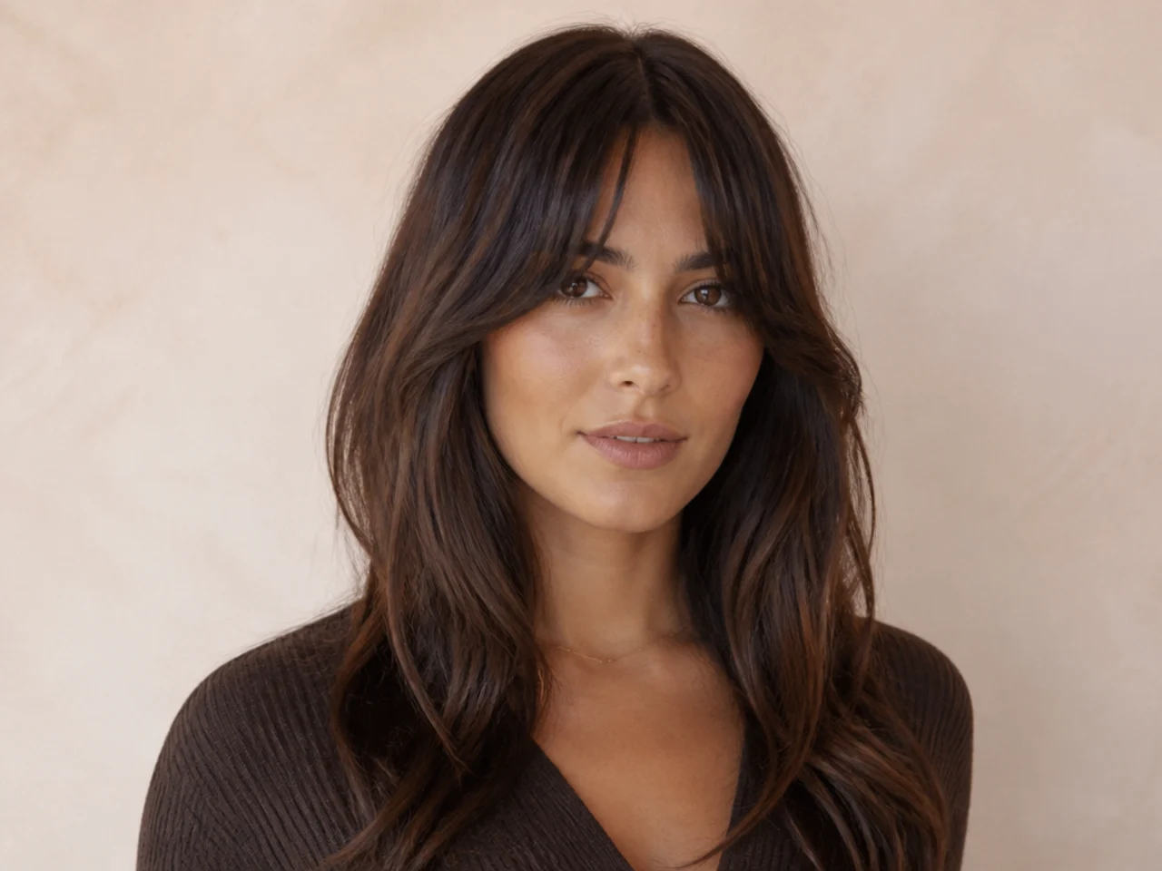 Three-quarter view of a grown-out fringe worn as curtain bangs