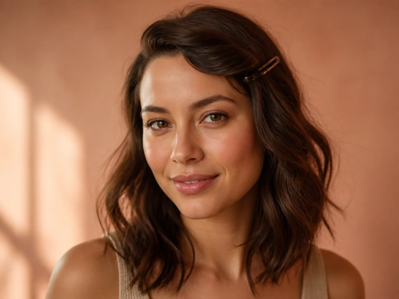 A growing-out fringe twisted and clipped back