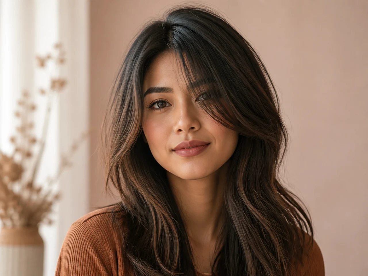 A grown-out fringe blended into face-framing layers