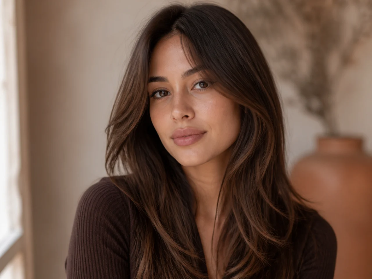 Fully grown-out bangs blended into long layers