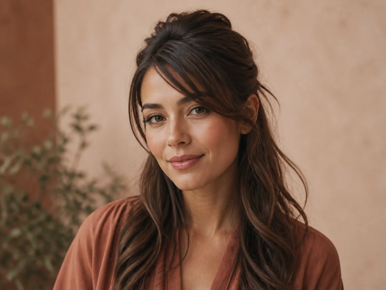 A growing-out fringe gathered into a half-up