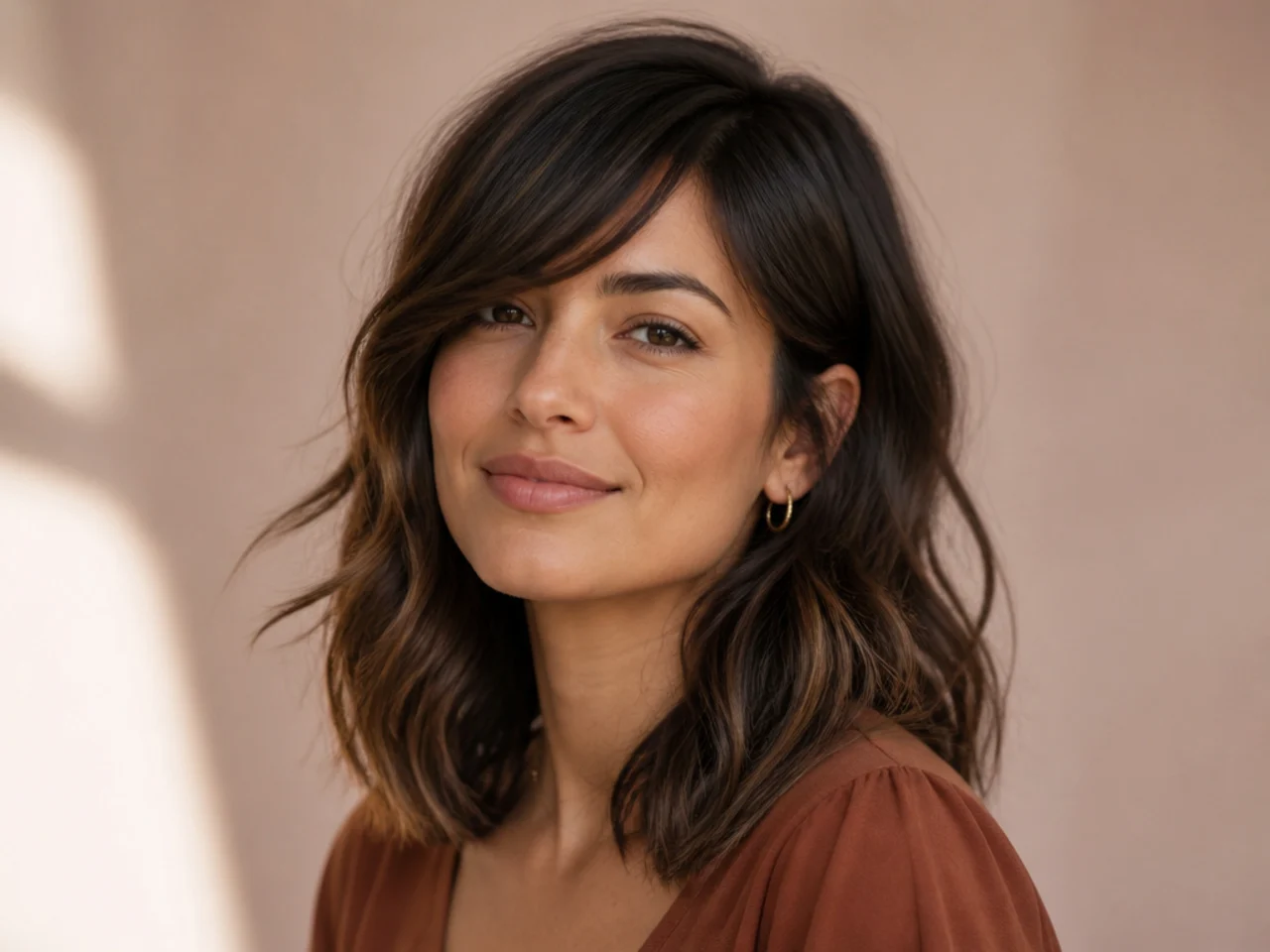 Three-quarter view of grown-out side swept bangs