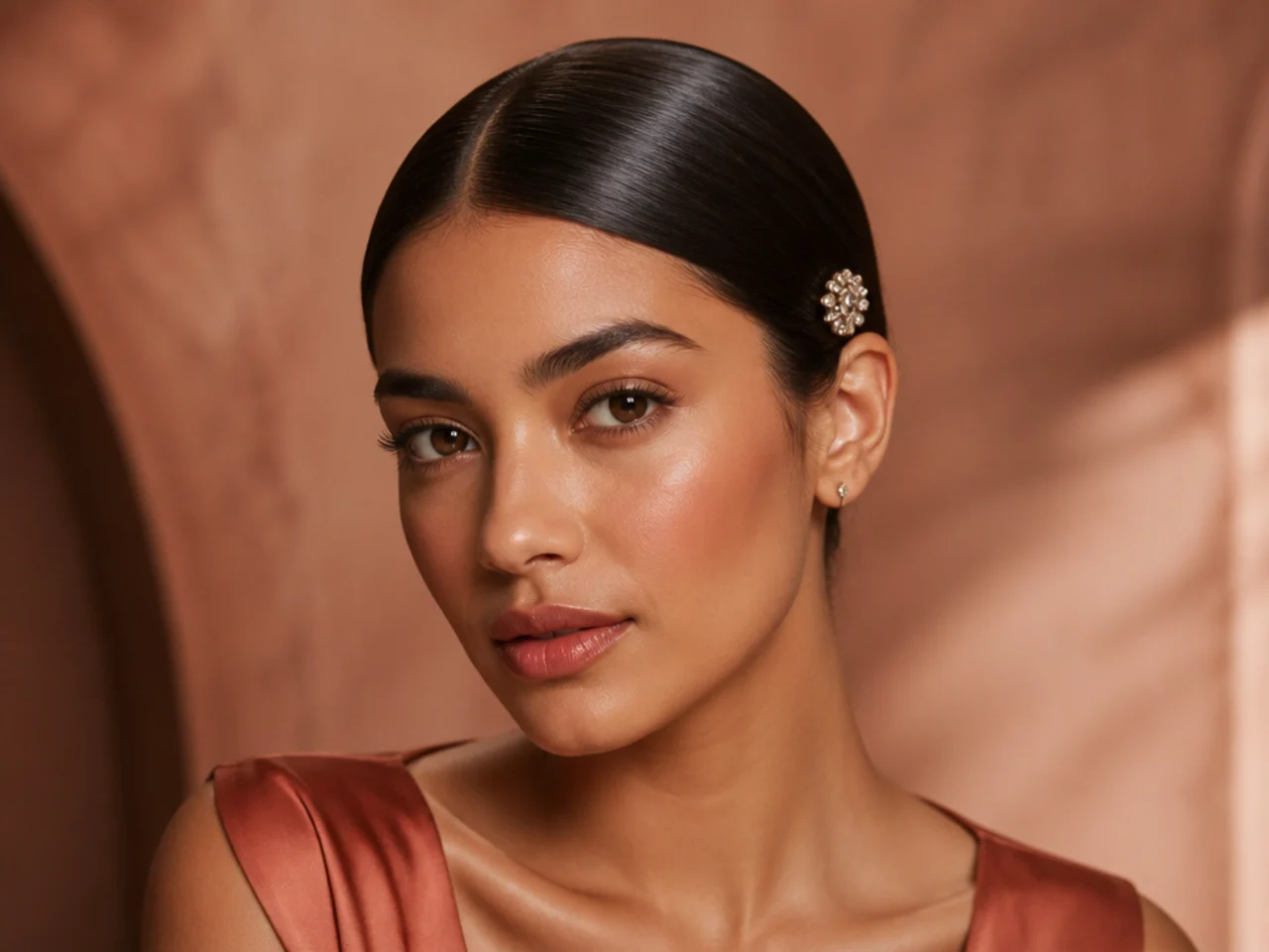 A slicked style with a single jewelled pin