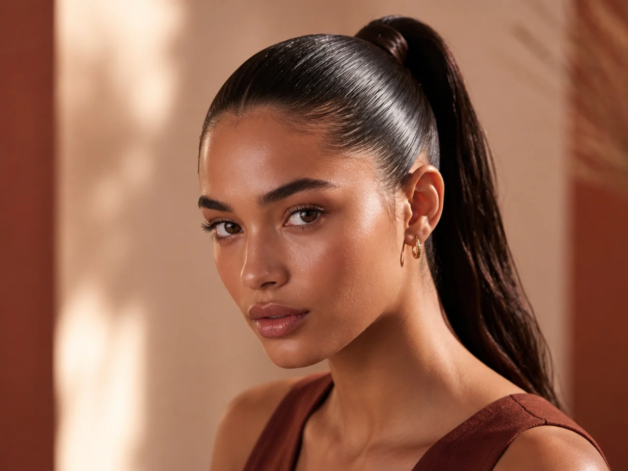 A wet-look high ponytail