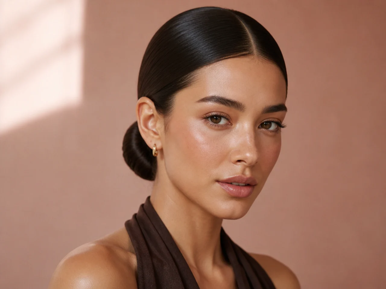 A sleek low bun with a hard centre part