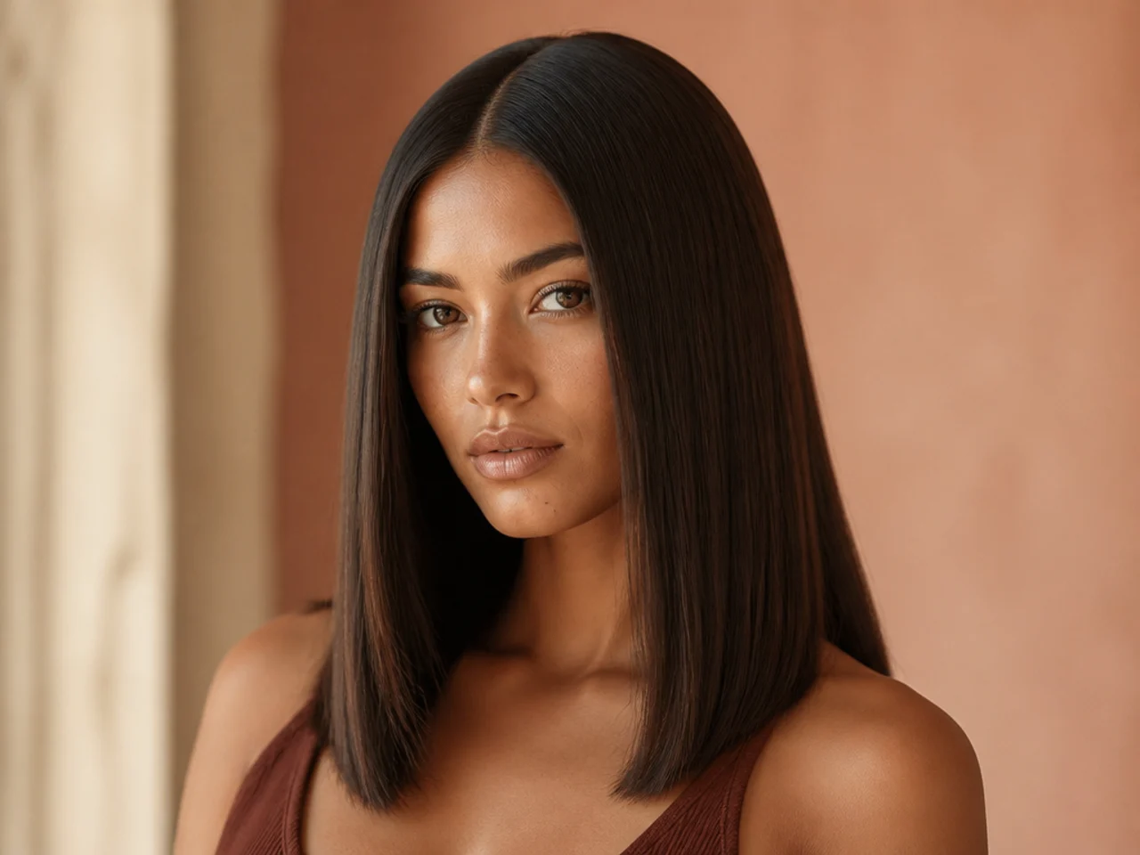 Straightened middle-parted hair