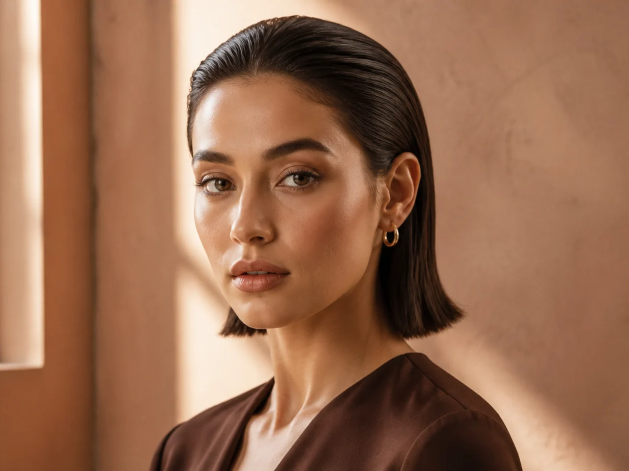 Hair slicked back and tucked behind both ears