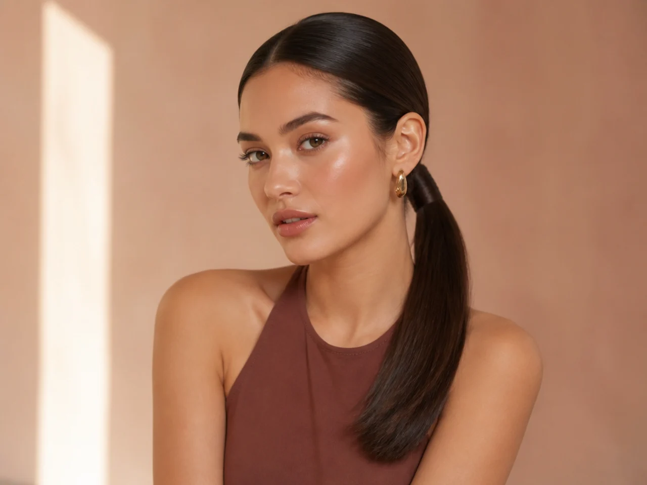 A sleek long ponytail with the band wrapped