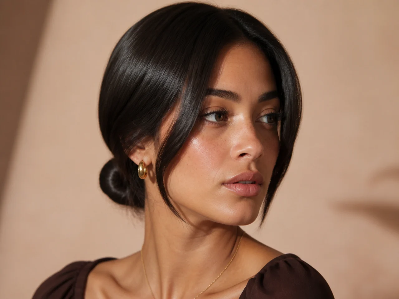 A bob gathered into a small low bun