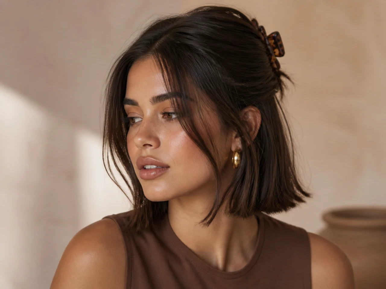 A bob worn half up with a claw clip