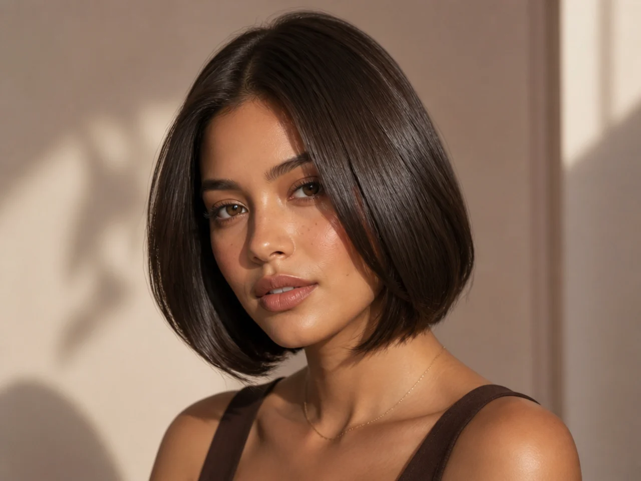 A glossed espresso-coloured bob