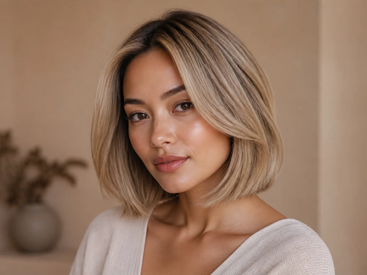 A low-contrast blonde bob
