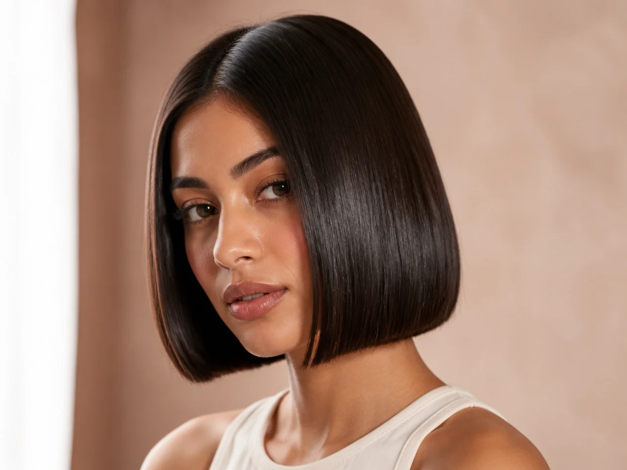 Three-quarter view of a glossy blunt bob