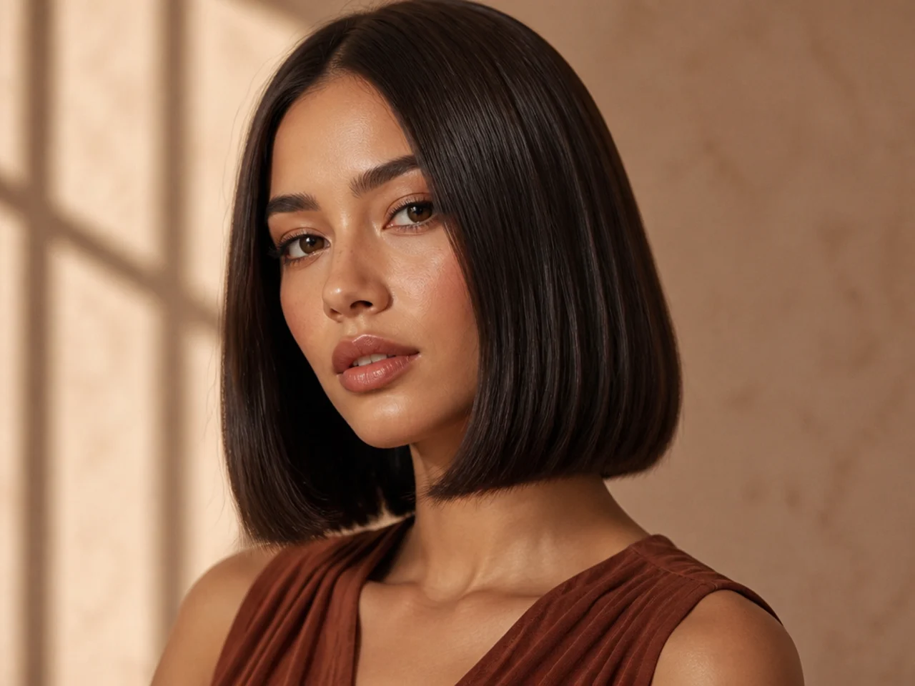 Brunette hair cut into a blunt lob