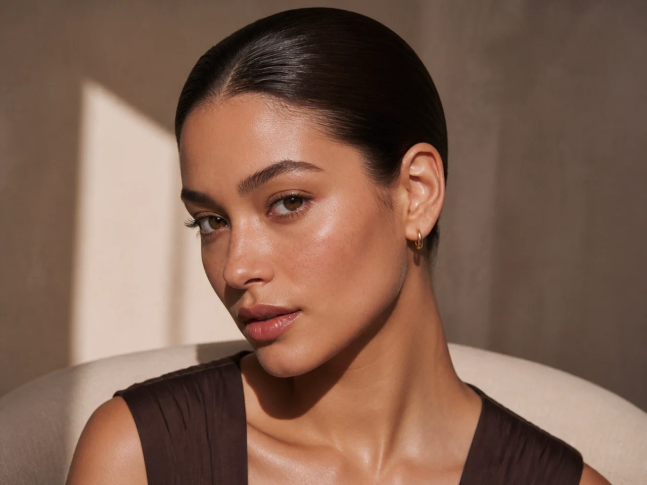 Brunette hair slicked back