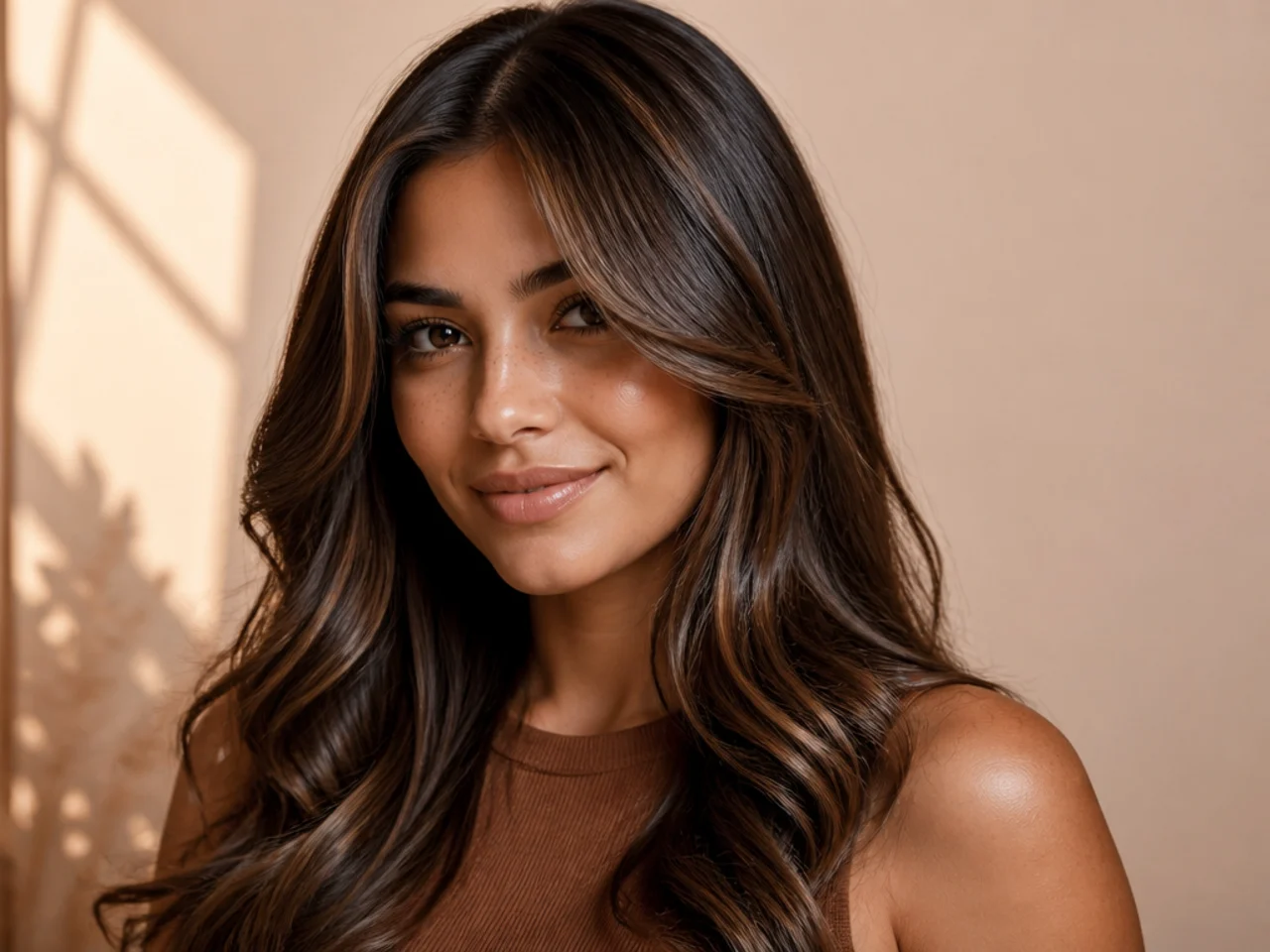 A brunette gloss over previously highlighted hair