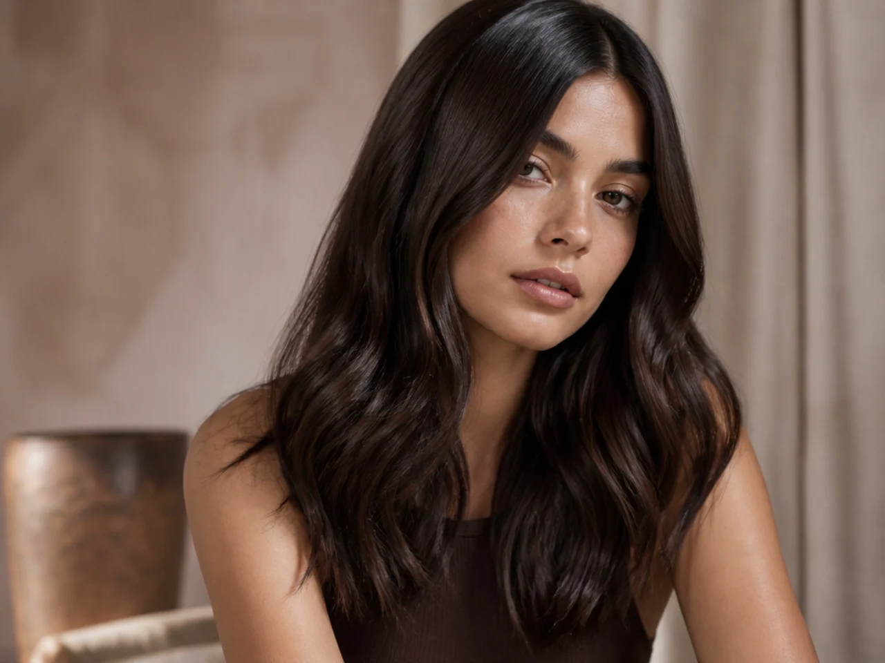 Bitter chocolate hair with a cool gloss