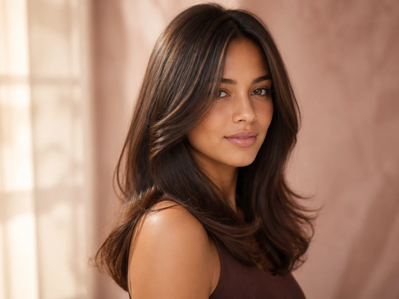 Three-quarter view of glossy brunette hair