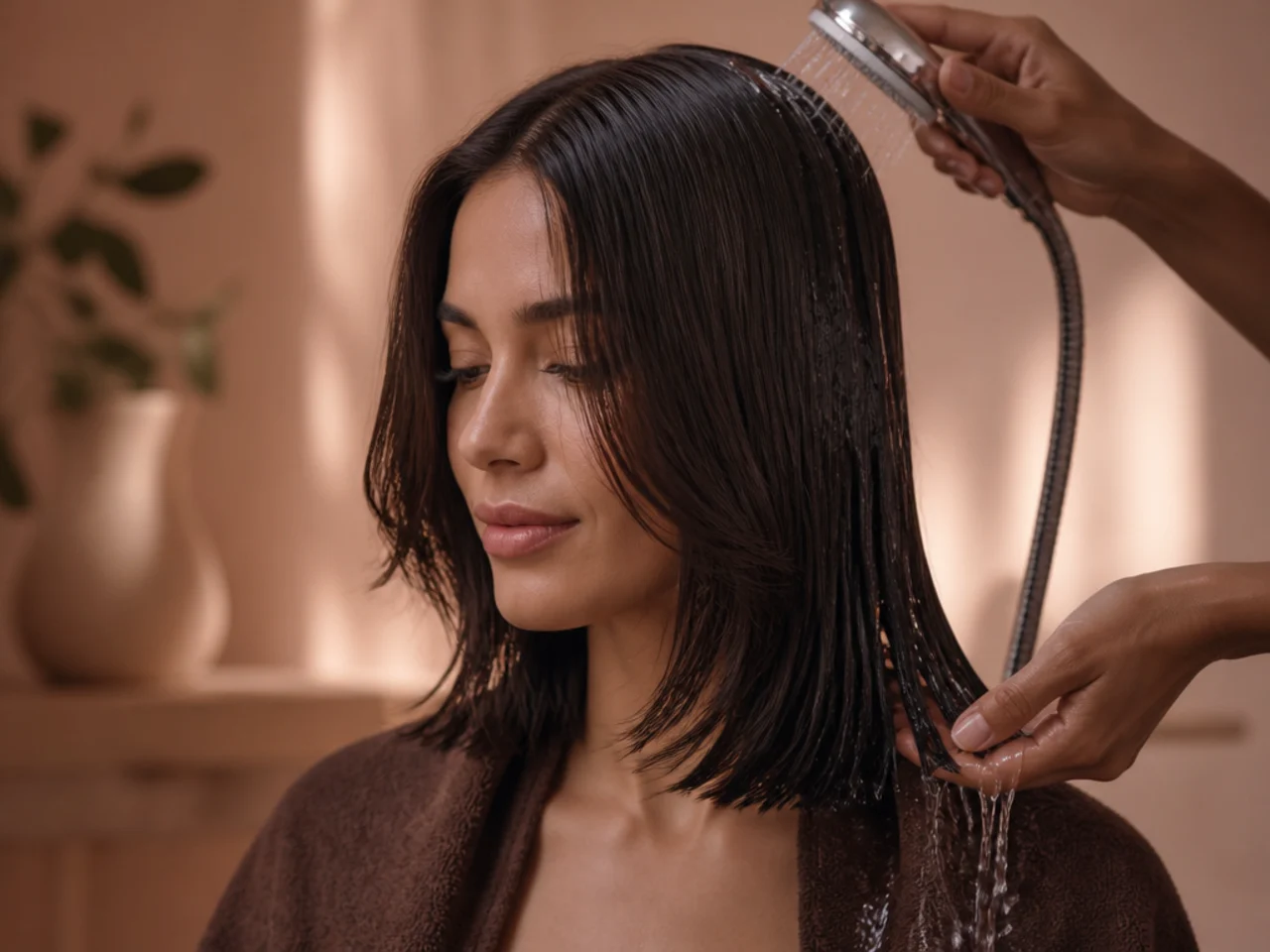 A cool rinse being applied to brunette hair