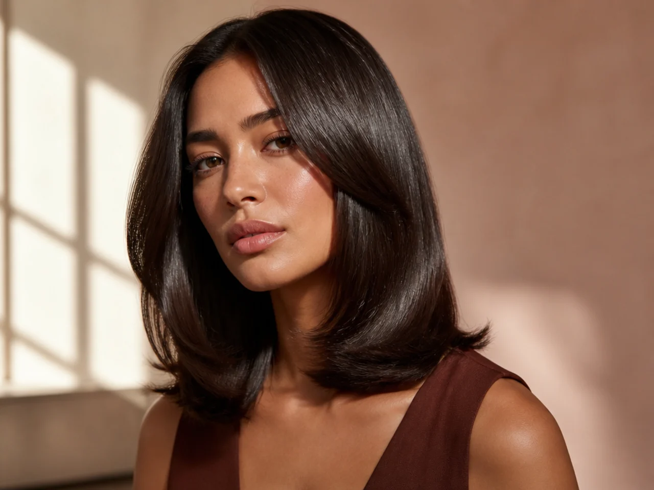 A gloss treatment on dark hair