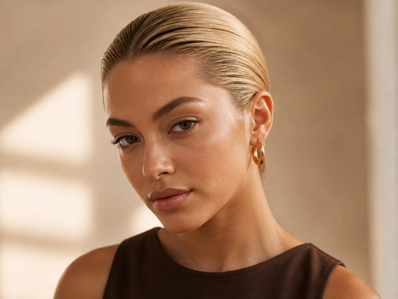 Blonde hair slicked back